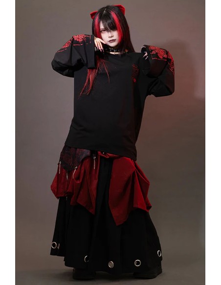 Garakuta Long Sleeve Top in Black x Red - ACDC Rag