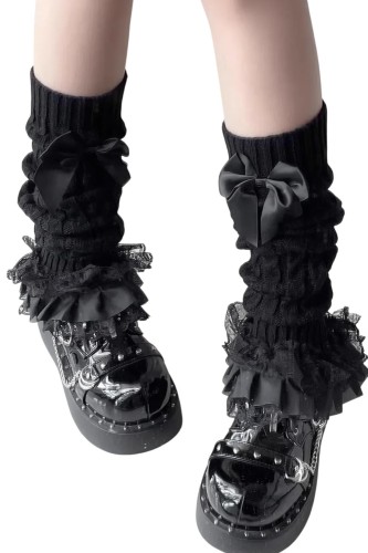 Knit Lace Leg Warmers - Black