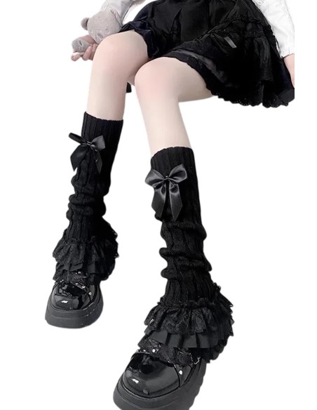 Knit Lace Leg Warmers - Black