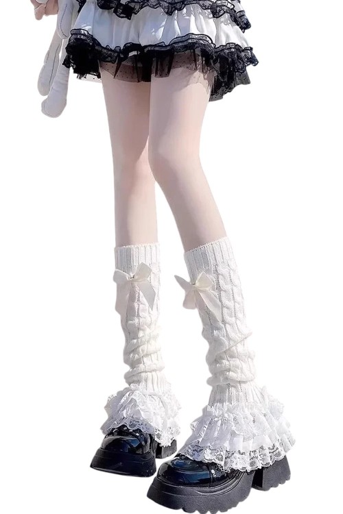 Knit Lace Leg Warmers - Beige