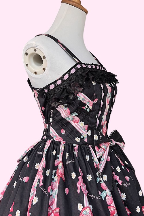 Strawberry Ribbon Lolita JSK Dress + Headbow - Black