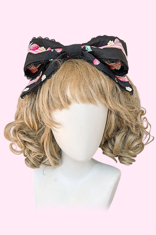 Strawberry Ribbon Lolita JSK Dress + Headbow - Black