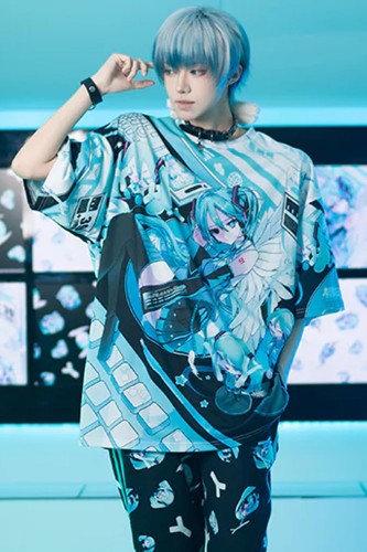 Camiseta Oversized Miku Forever Negro x Azul - Hatsune Miku x ACDC Rag