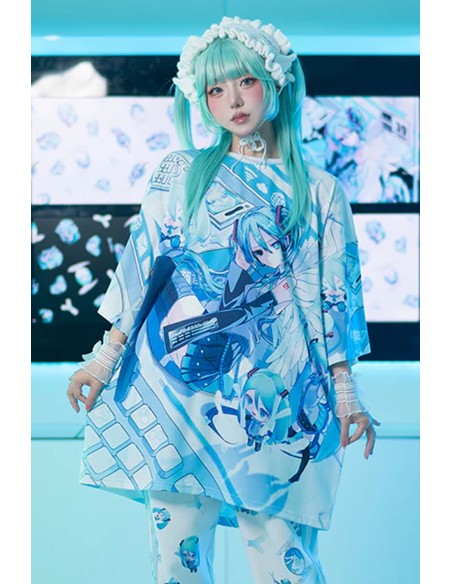Oversized Miku Forever T-shirt in White x Blue - Hatsune Miku x ACDC Rag