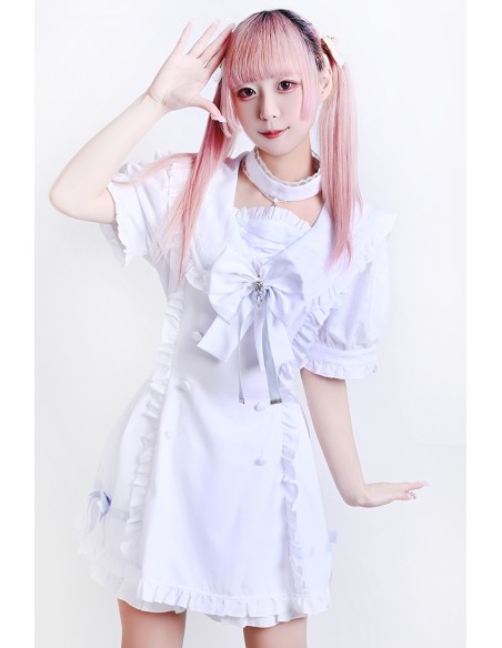 Romantic Prologue Jirai Kei Dress + Shorts + Choker Set in White - Jill Punk