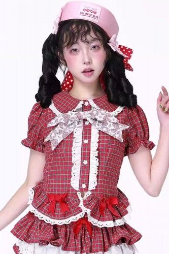Showa Retro Red Tartan Short-Sleeved Blouse ~ SOS MEME CLUB