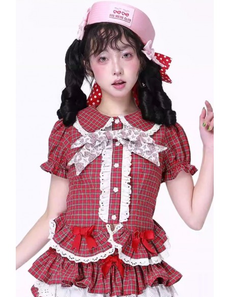 Blusa de Manga Corta Retro Showa de Tartán Rojo ~ SOS MEME CLUB