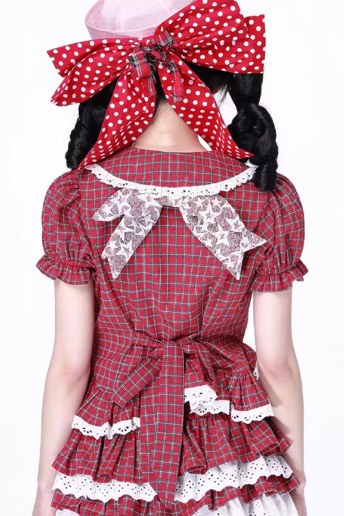 Showa Retro Red Tartan Short-Sleeved Blouse ~ SOS MEME CLUB