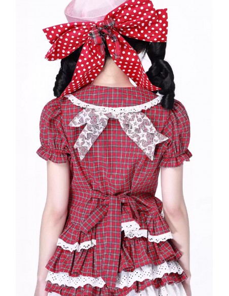 Blusa de Manga Corta Retro Showa de Tartán Rojo ~ SOS MEME CLUB