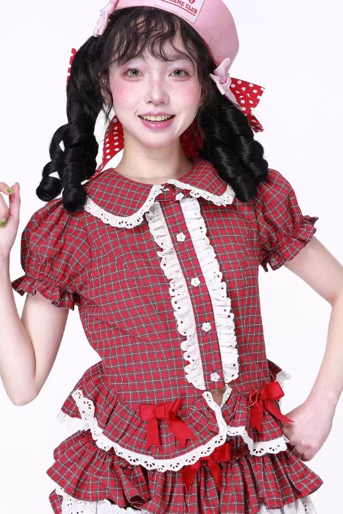 Blusa de Manga Corta Retro Showa de Tartán Rojo ~ SOS MEME CLUB