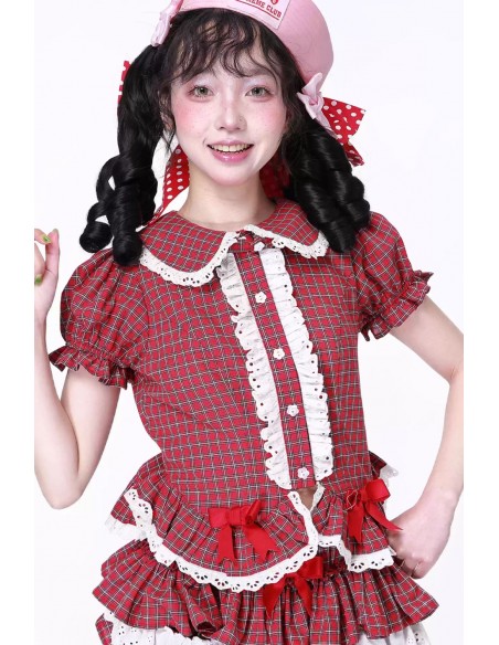 Blusa de Manga Corta Retro Showa de Tartán Rojo ~ SOS MEME CLUB