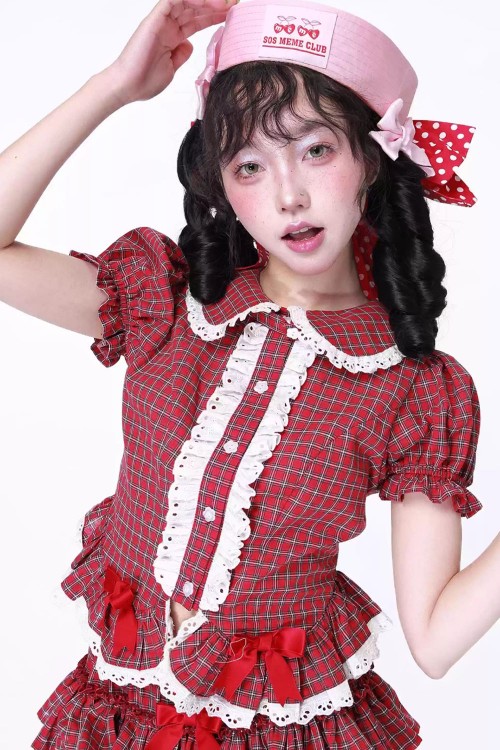 Showa Retro Red Tartan Short-Sleeved Blouse ~ SOS MEME CLUB