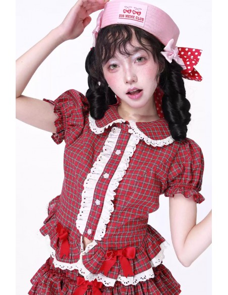 Blusa de Manga Corta Retro Showa de Tartán Rojo ~ SOS MEME CLUB