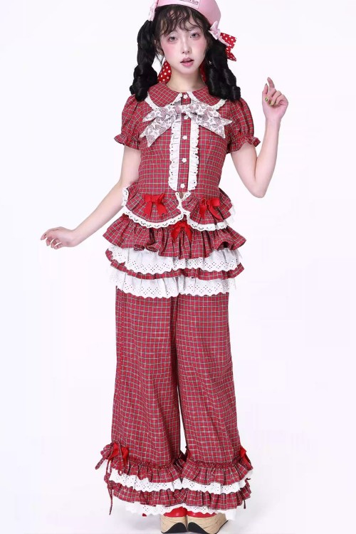 Blusa de Manga Corta Retro Showa de Tartán Rojo ~ SOS MEME CLUB