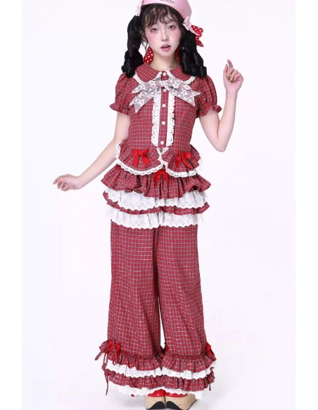 Showa Retro Red Tartan Short-Sleeved Blouse ~ SOS MEME CLUB