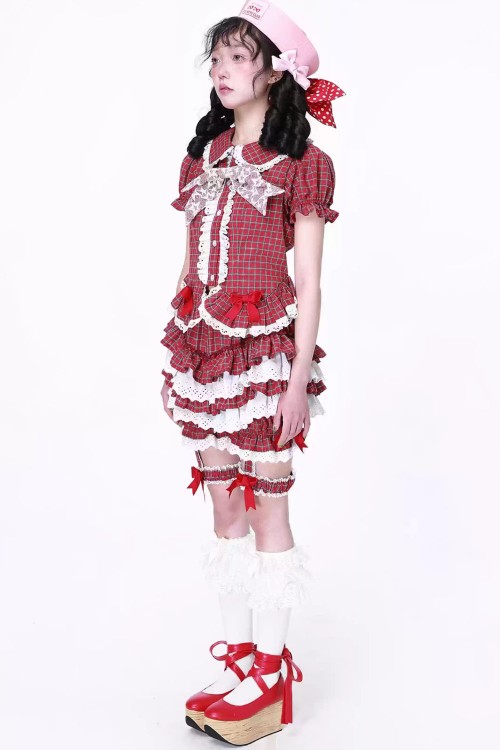 Blusa de Manga Corta Retro Showa de Tartán Rojo ~ SOS MEME CLUB