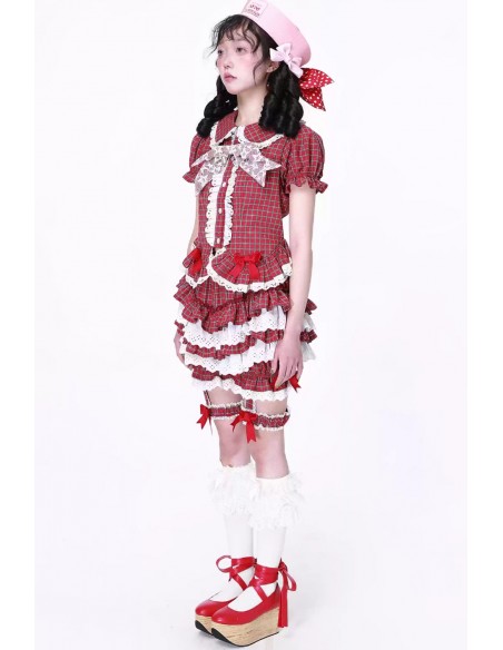 Showa Retro Red Tartan Short-Sleeved Blouse ~ SOS MEME CLUB