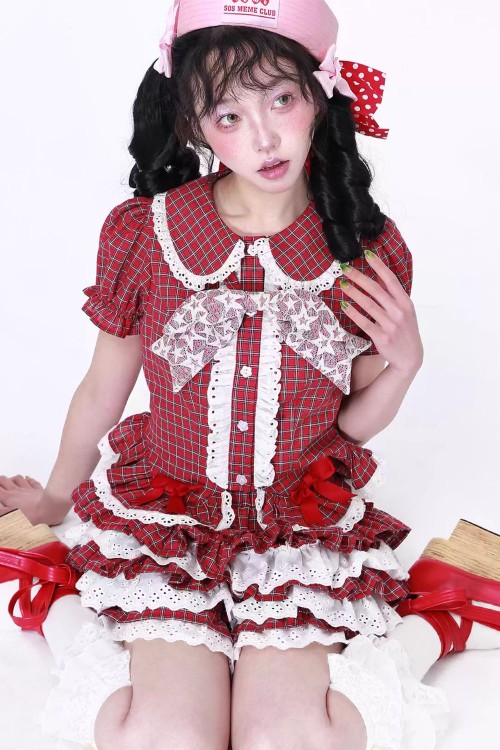 Showa Retro Red Tartan Short-Sleeved Blouse ~ SOS MEME CLUB