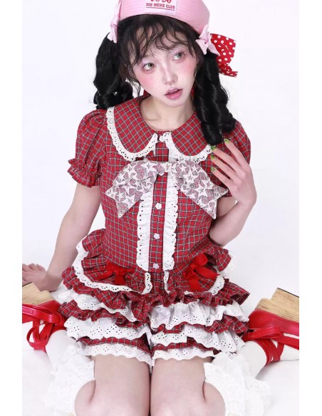 Blusa de Manga Corta Retro Showa de Tartán Rojo ~ SOS MEME CLUB