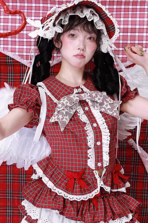 Blusa de Manga Corta Retro Showa de Tartán Rojo ~ SOS MEME CLUB