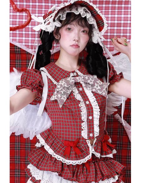 Showa Retro Red Tartan Short-Sleeved Blouse ~ SOS MEME CLUB
