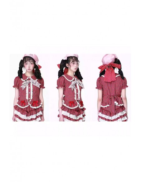 Showa Retro Red Tartan Short-Sleeved Blouse ~ SOS MEME CLUB