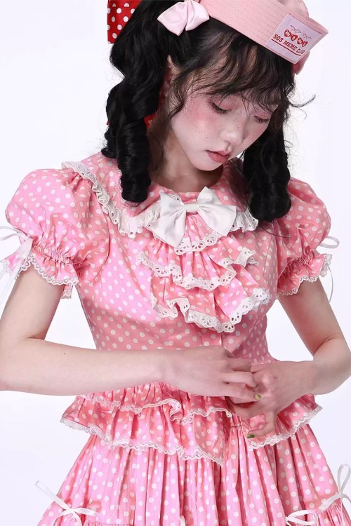 Pastel Pink Polka Dot Short-Sleeved Lolita Blouse ~ SOS MEME CLUB