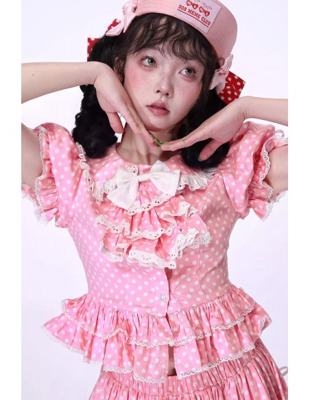 Blusa Lolita de Manga Corta Polka Dot Rosa Pastel ~ SOS MEME CLUB