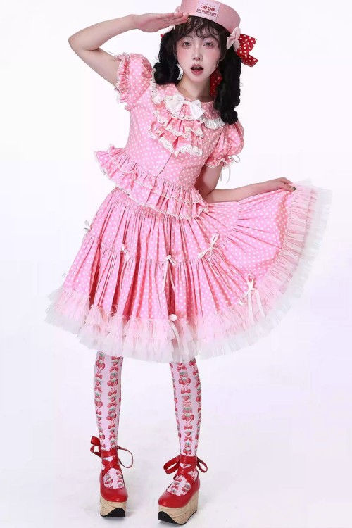 Pastel Pink Polka Dot Short-Sleeved Lolita Blouse ~ SOS MEME CLUB