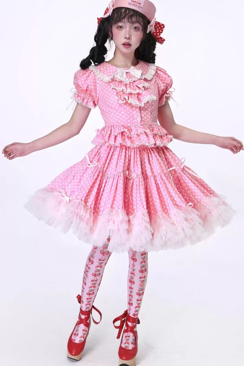 Pastel Pink Polka Dot Short-Sleeved Lolita Blouse ~ SOS MEME CLUB