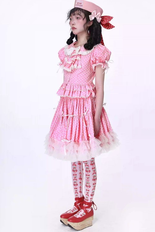 Blusa Lolita de Manga Corta Polka Dot Rosa Pastel ~ SOS MEME CLUB