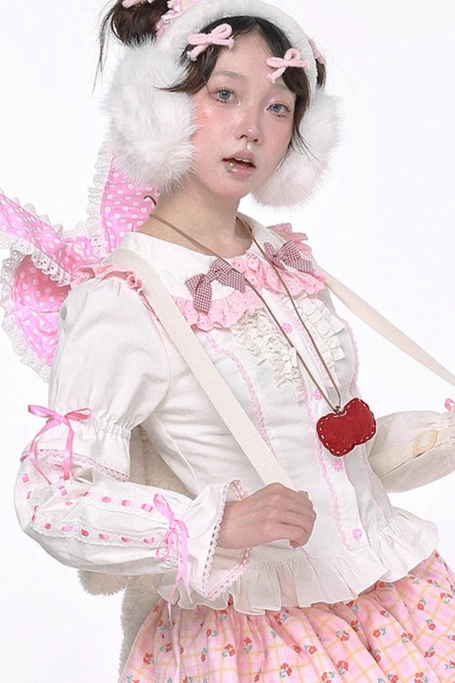 Retro Bow White and Pink Long Sleeve Blouse ~ SOS MEME CLUB