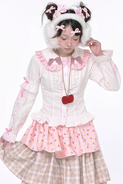 Retro Bow White and Pink Long Sleeve Blouse ~ SOS MEME CLUB