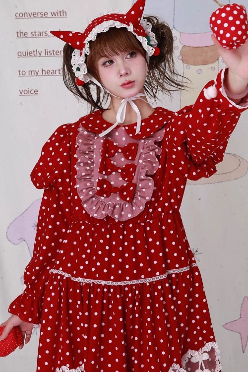 Sweet Winter Polka Dot Red Dress ~ SOS MEME CLUB