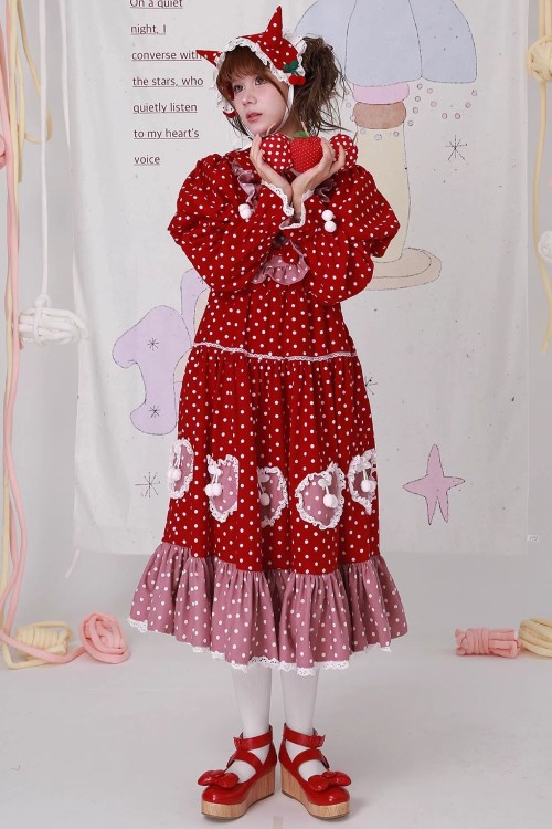 Sweet Winter Polka Dot Red Dress ~ SOS MEME CLUB