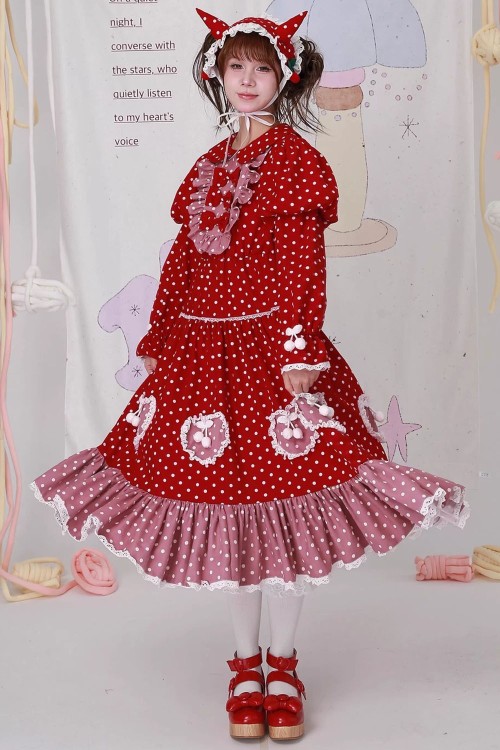 Sweet Winter Polka Dot Red Dress ~ SOS MEME CLUB