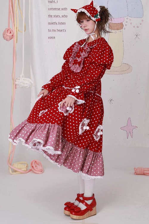 Sweet Winter Polka Dot Red Dress ~ SOS MEME CLUB