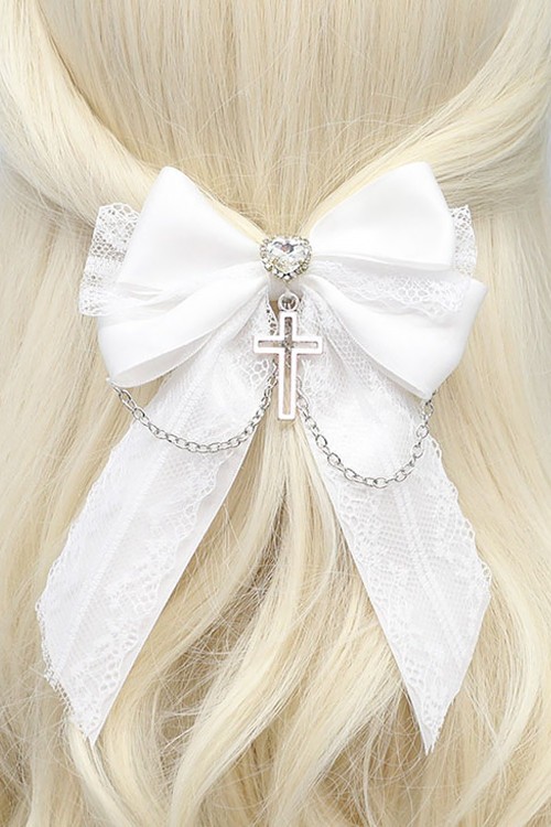 Jirai Silver Cross Ribbon Hairclip in White