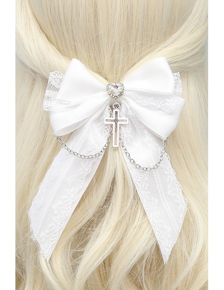 Jirai Silver Cross Ribbon Hairclip in White