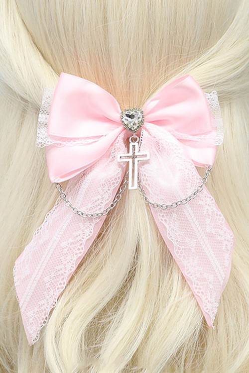 Jirai Silver Cross Ribbon Hairclip in Pink