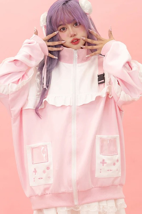GAME OVER Ruffle Jacket in Pink x White - ACDC Rag
