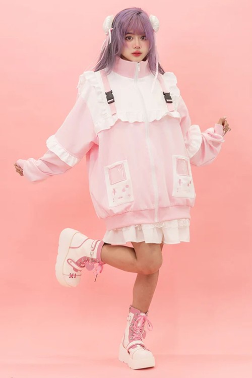 GAME OVER Ruffle Jacket in Pink x White - ACDC Rag