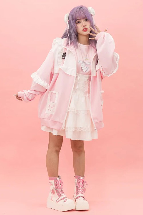 GAME OVER Ruffle Jacket in Pink x White - ACDC Rag