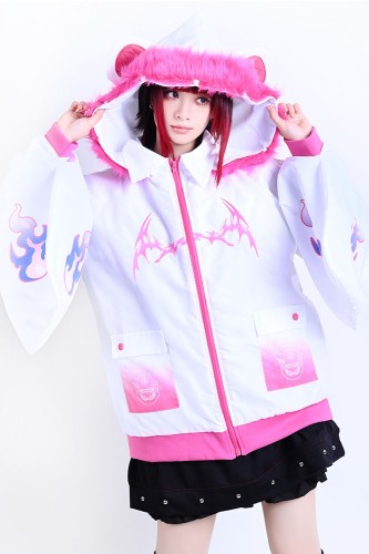 Cyber Fire Hooded Windbreaker Jacket in White x Pink - Jill Punk