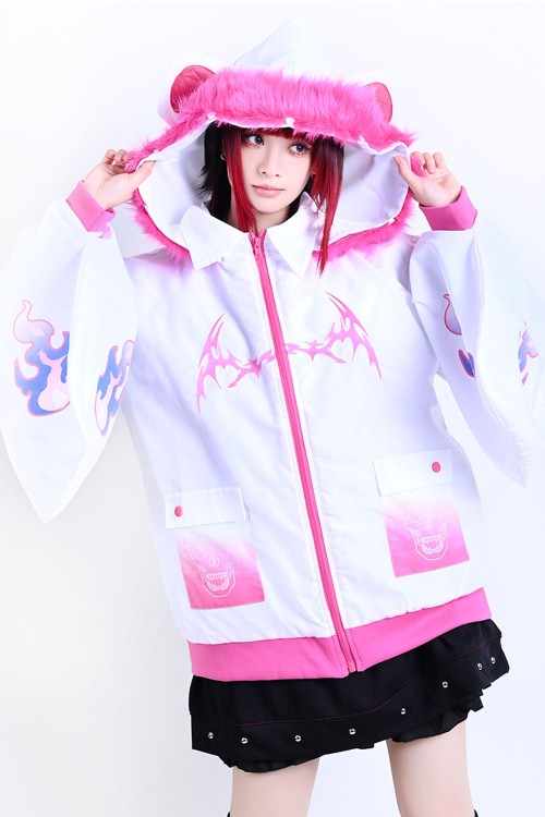 Chaqueta Cortavientos con Capucha Cyber Fire en Blanco x Rosa - Jill Punk