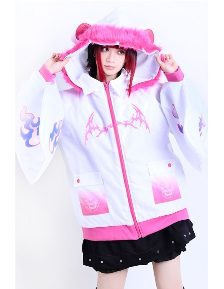 Cyber Fire Hooded Windbreaker Jacket in White x Pink - Jill Punk
