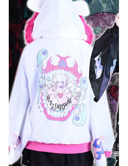 Chaqueta Cortavientos con Capucha Cyber Fire en Blanco x Rosa - Jill Punk