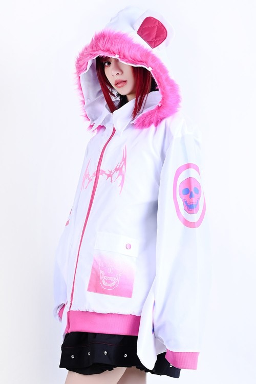 Chaqueta Cortavientos con Capucha Cyber Fire en Blanco x Rosa - Jill Punk