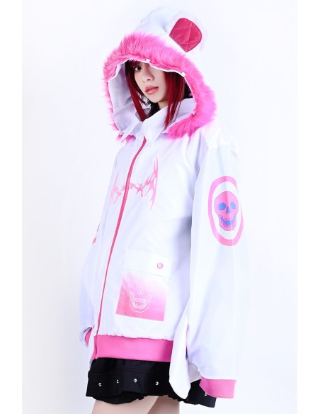 Cyber Fire Hooded Windbreaker Jacket in White x Pink - Jill Punk