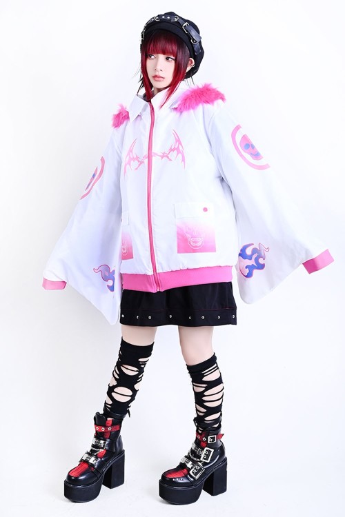 Chaqueta Cortavientos con Capucha Cyber Fire en Blanco x Rosa - Jill Punk